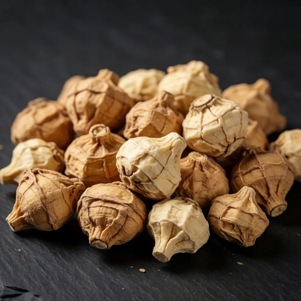 Dried maca roots on a dark surface