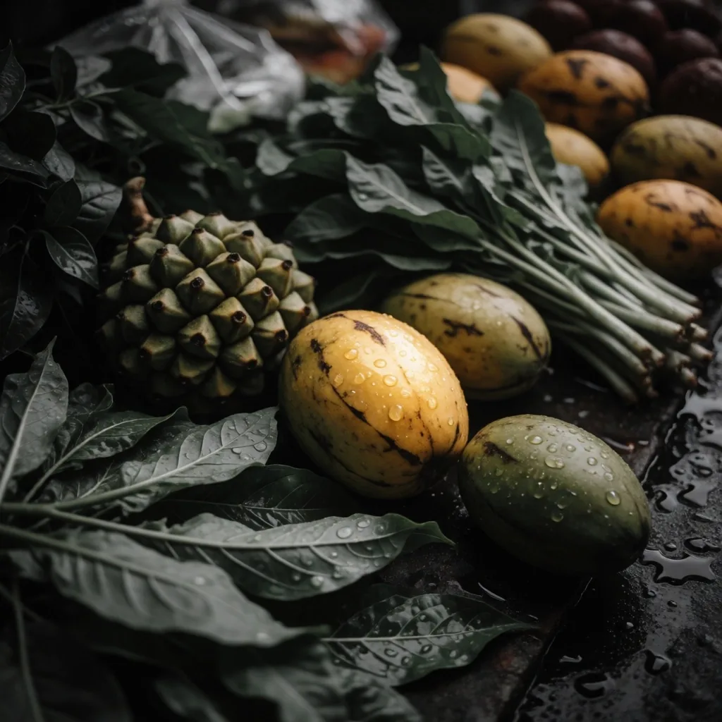 Tropical produce at a wet market after rain